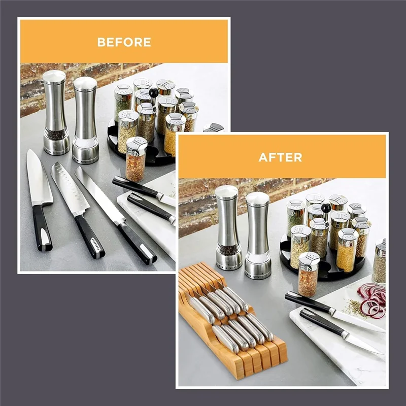 Bamboo Knife Block Organizer for Drawer Kitchen, Fits 5 Long + 6 Short Knives