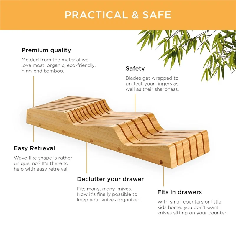 Bamboo Knife Block Organizer for Drawer Kitchen, Fits 5 Long + 6 Short Knives