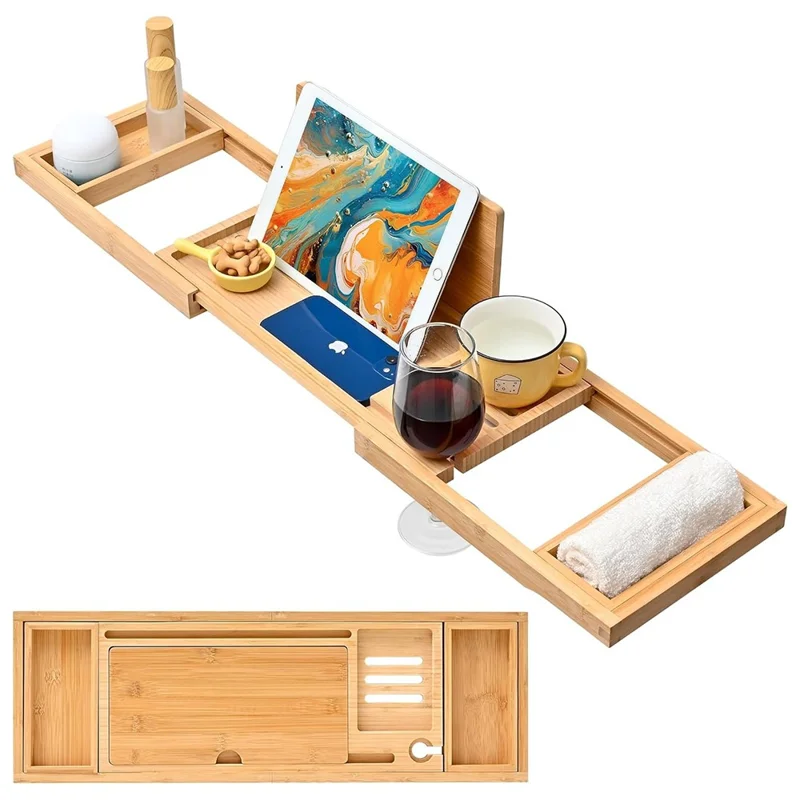 Bandeja de Bambú Estilo Europeo para Bañera Organizador de Baño Antideslizante Extensible para Hogar y Spa