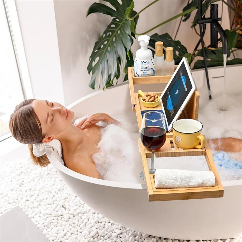 Bandeja de Bambú Estilo Europeo para Bañera Organizador de Baño Antideslizante Extensible para Hogar y Spa