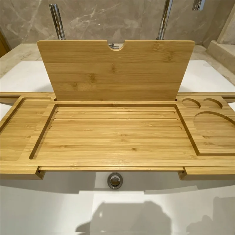 Expandable Bamboo Bathtub Caddy Tray For Home Bath Non Slip Multi Purpose Storage Shelf