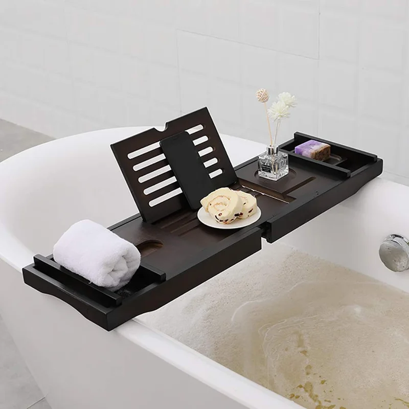 Plateau de baignoire extensible en bambou antidérapant pour tablette, téléphone portable, livre, verre à vin - noir