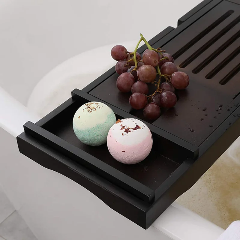 Plateau de baignoire extensible en bambou antidérapant pour tablette, téléphone portable, livre, verre à vin - noir