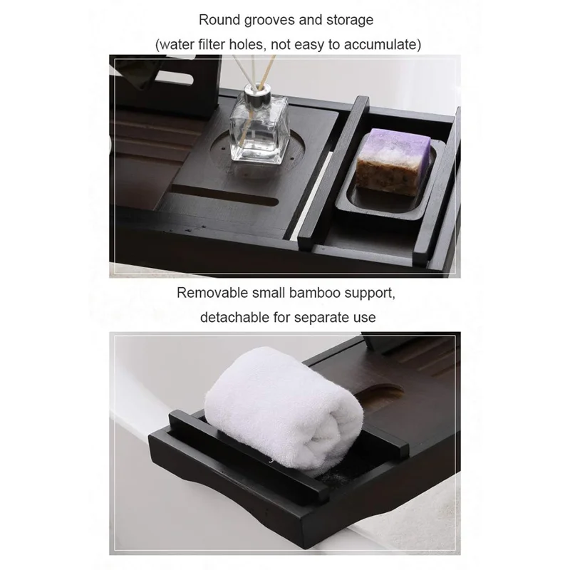 Plateau de baignoire extensible en bambou antidérapant pour tablette, téléphone portable, livre, verre à vin - noir