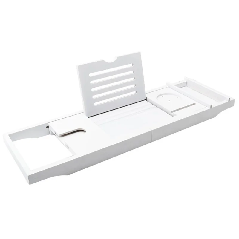 Extendable Bathtub Caddy Tray Non Slip Bamboo Bathtub Storage Rack for Tablet Cellphone Book Wine Glass - White