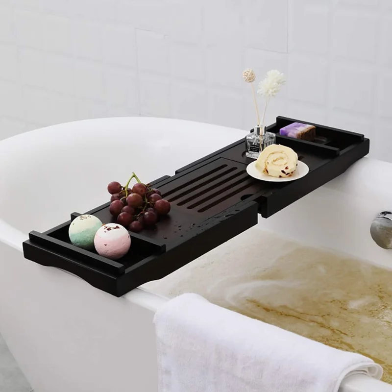 Extendable Bathtub Caddy Tray Non Slip Bamboo Bathtub Storage Rack for Tablet Cellphone Book Wine Glass - White