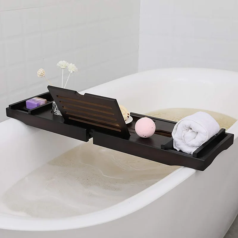 Extendable Bathtub Caddy Tray Non Slip Bamboo Bathtub Storage Rack for Tablet Cellphone Book Wine Glass - White