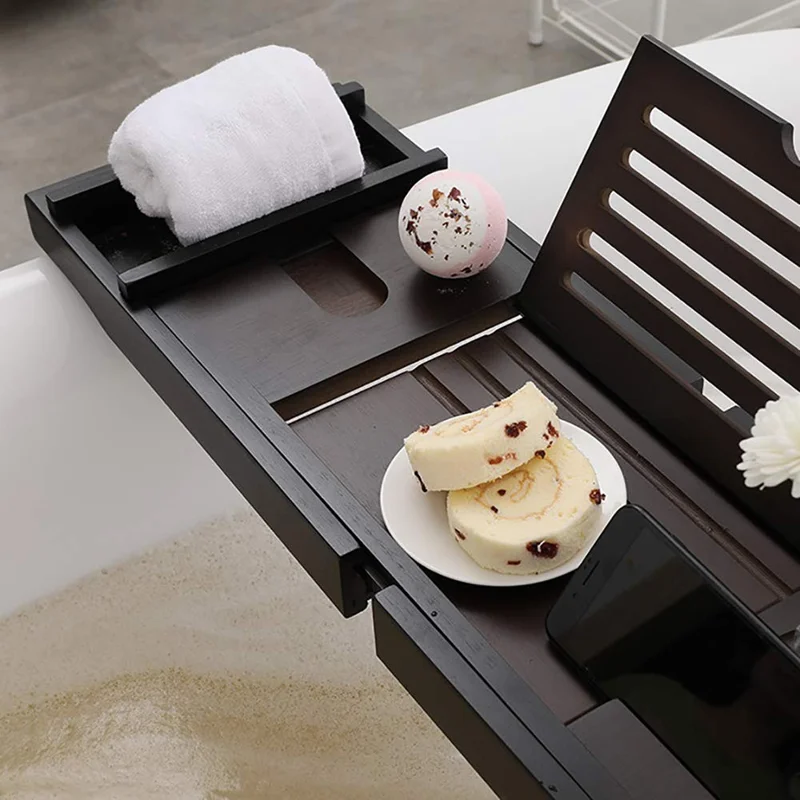 Extendable Bathtub Caddy Tray Non Slip Bamboo Bathtub Storage Rack for Tablet Cellphone Book Wine Glass - White