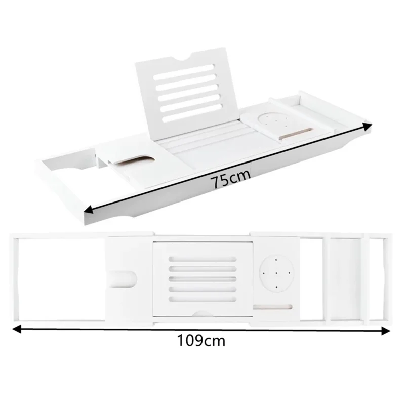 Extendable Bathtub Caddy Tray Non Slip Bamboo Bathtub Storage Rack for Tablet Cellphone Book Wine Glass - White