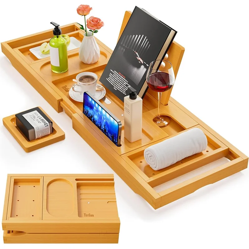 Ausziehbares Bambus-Badewannen-Tablett Organizer für Telefon, Tablet, Buch, Weinglas-Halter