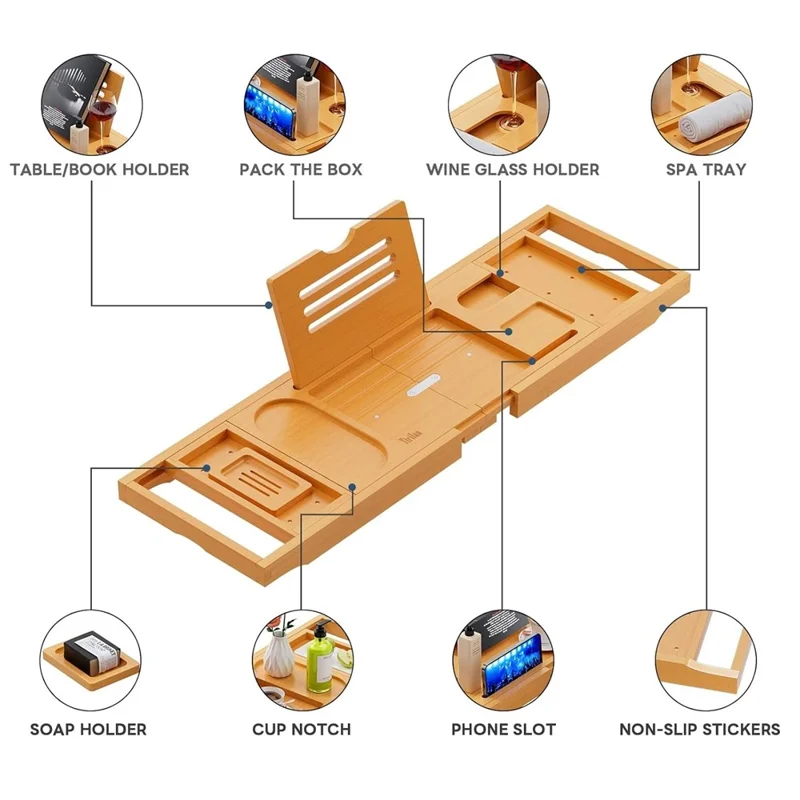 Ausziehbares Bambus-Badewannen-Tablett Organizer für Telefon, Tablet, Buch, Weinglas-Halter