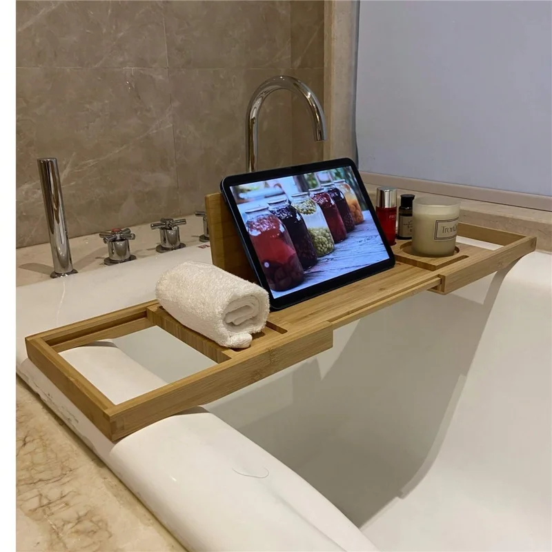 Extendable Bamboo Bathtub Caddy Tray For Home Spa Non Slip Adjustable Bath Shelf 52-78cm