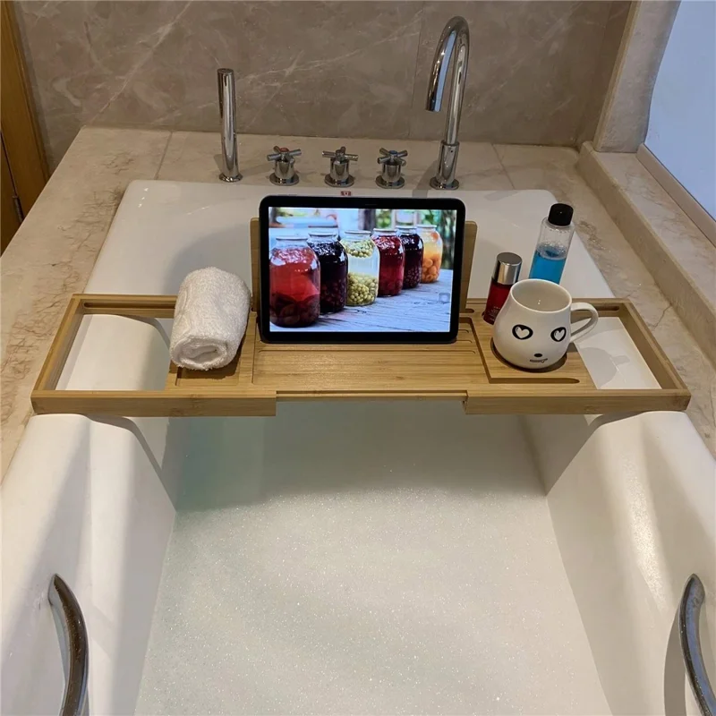 Extendable Bamboo Bathtub Caddy Tray For Home Spa Non Slip Adjustable Bath Shelf 52-78cm