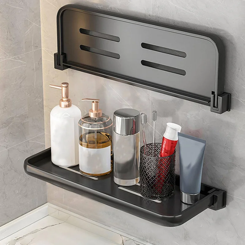 Folding Bathroom Shelf 30cm Wall Mounted Storage Rack Waterproof No Drill Washroom Display Holder - Tarnish