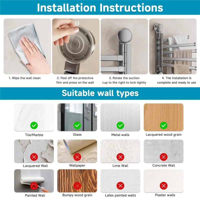 Suction Cup Rotatable Towel Rack 2 Bars 32cm No Drilling Bathroom Hanger - White
