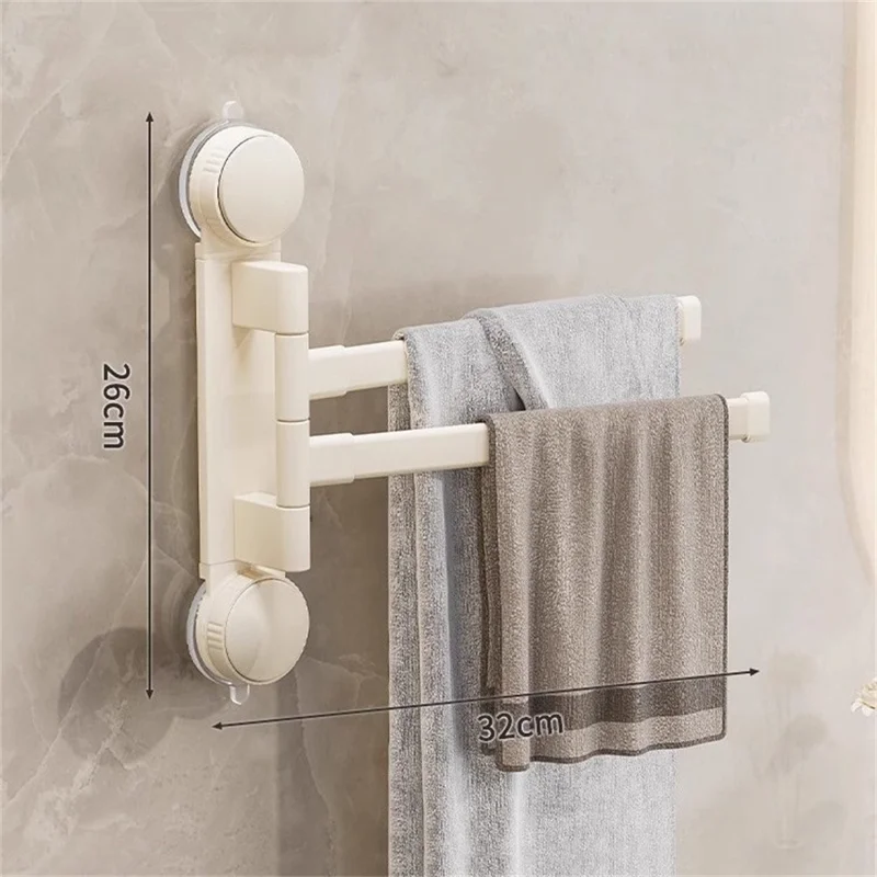 Suction Cup Rotatable Towel Rack 2 Bars 32cm No Drilling Bathroom Hanger - White