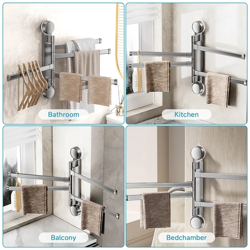 Suction Cup Rotatable Towel Rack 3 Bars 32cm No Drilling Bathroom Hanger - Tarnish