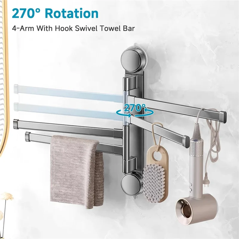 Suction Cup Rotatable Towel Rack 4 Bars 32cm No Drilling Bathroom Hanger - Tarnish