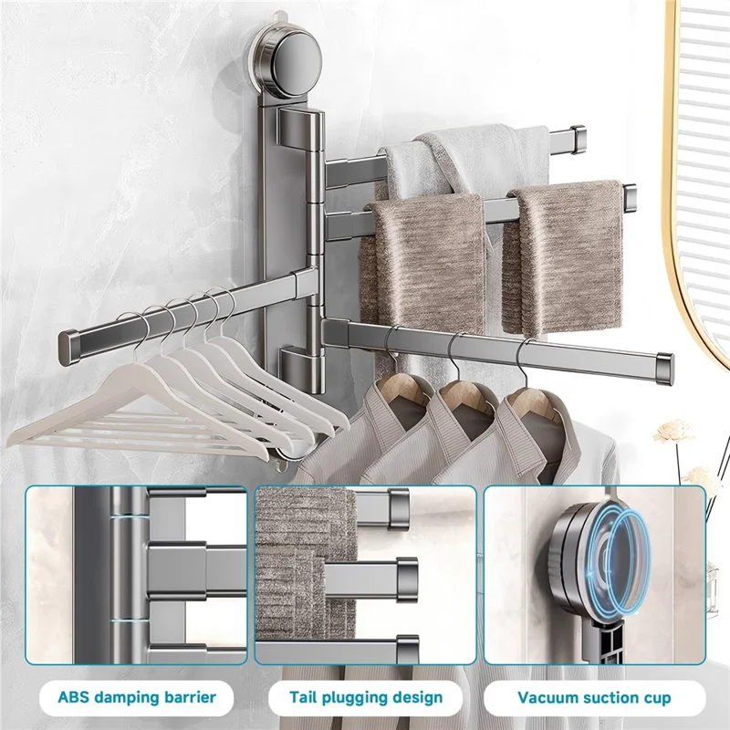 Suction Cup Rotatable Towel Rack 4 Bars 32cm No Drilling Bathroom Hanger - Tarnish