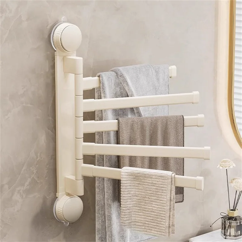 Suction Cup Rotatable Towel Rack 5 Bars 32cm No Drilling Bathroom Hanger - White