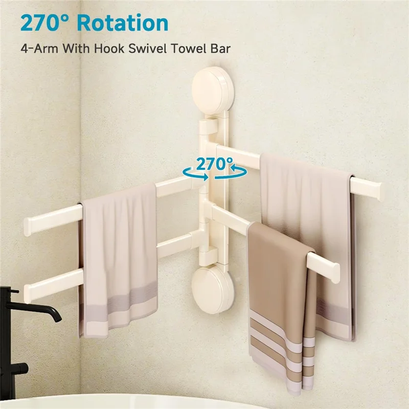 Suction Cup Rotatable Towel Rack 5 Bars 32cm No Drilling Bathroom Hanger - White