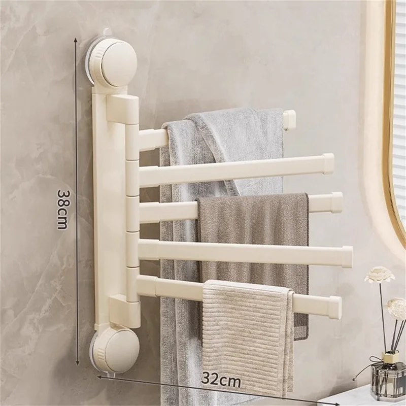 Suction Cup Rotatable Towel Rack 5 Bars 32cm No Drilling Bathroom Hanger - White