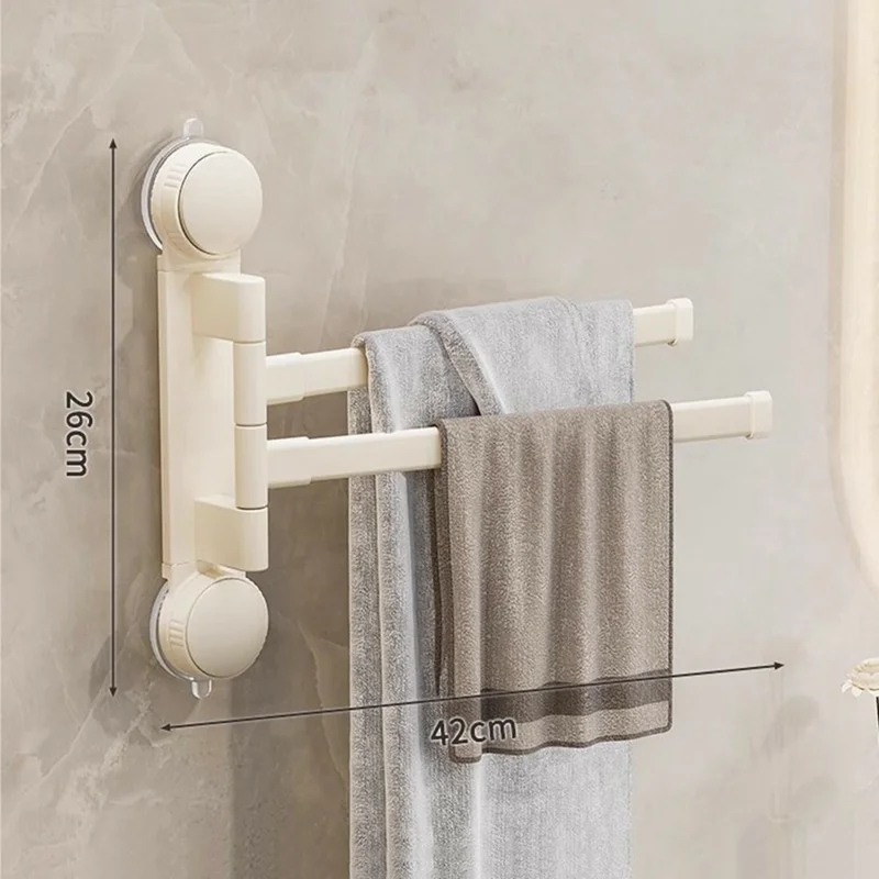 Suction Cup Rotatable Towel Rack 2 Bars 42cm No Drilling Bathroom Hanger - White