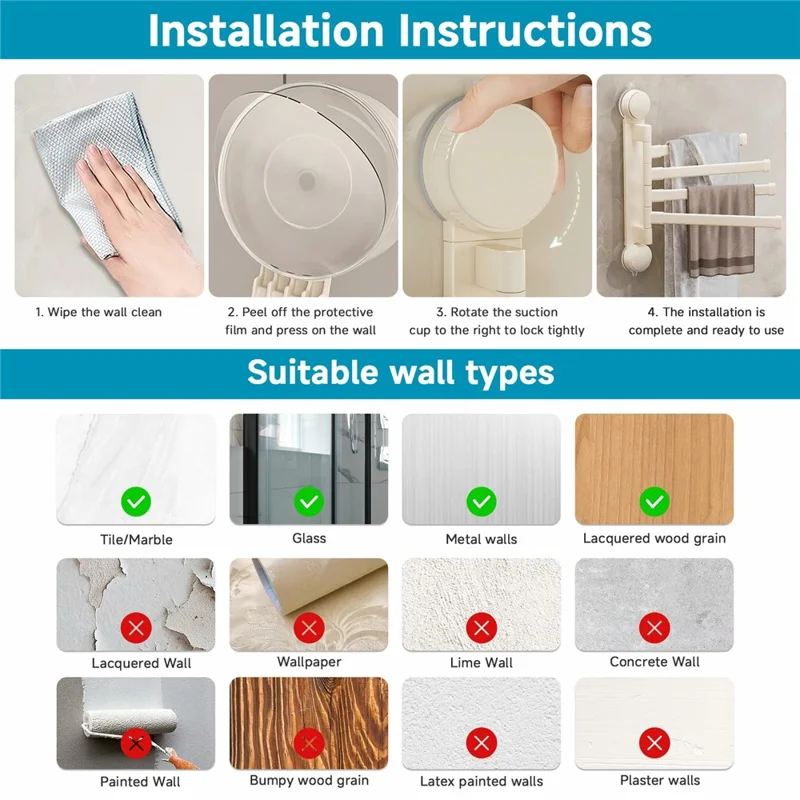 Suction Cup Rotatable Towel Rack 2 Bars 42cm No Drilling Bathroom Hanger - White