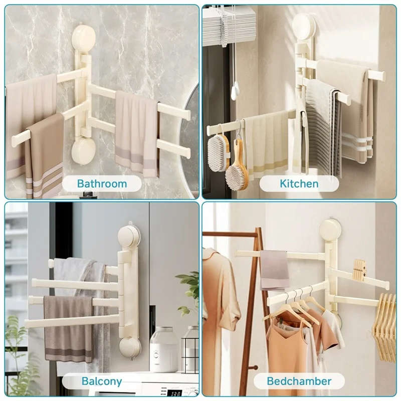 Suction Cup Rotatable Towel Rack 2 Bars 42cm No Drilling Bathroom Hanger - White