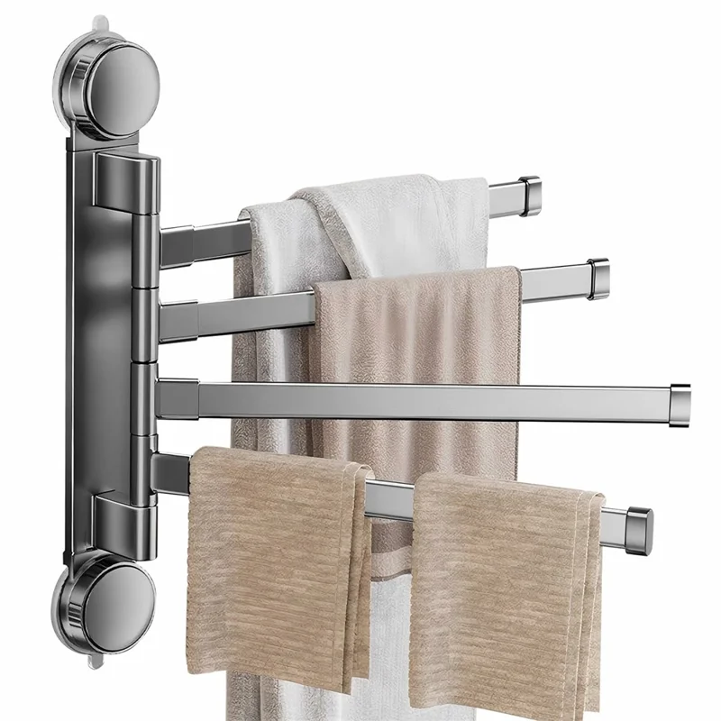 Suction Cup Rotatable Towel Rack 4 Bars 42cm No Drilling Bathroom Hanger - Tarnish