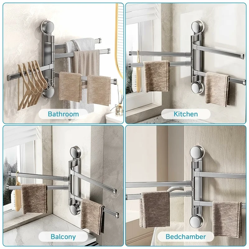 Suction Cup Rotatable Towel Rack 4 Bars 42cm No Drilling Bathroom Hanger - Tarnish