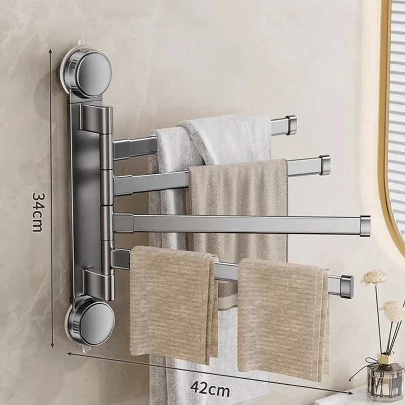 Suction Cup Rotatable Towel Rack 4 Bars 42cm No Drilling Bathroom Hanger - Tarnish