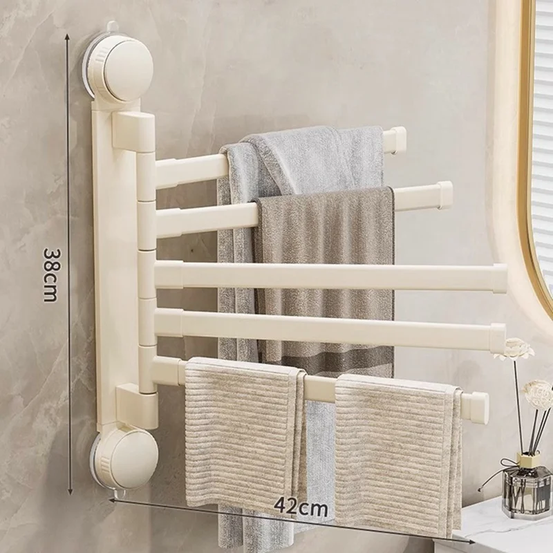 Suction Cup Rotatable Towel Rack 5 Bars 42cm No Drilling Bathroom Hanger - White