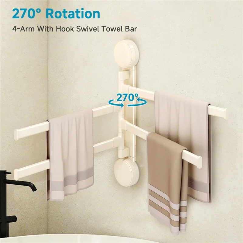 Suction Cup Rotatable Towel Rack 5 Bars 42cm No Drilling Bathroom Hanger - White
