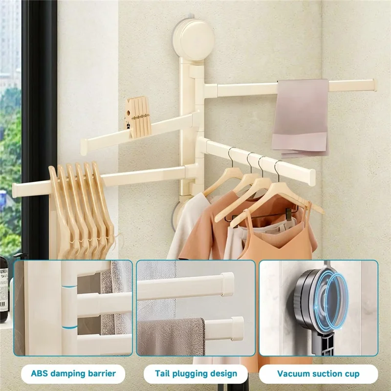 Suction Cup Rotatable Towel Rack 5 Bars 42cm No Drilling Bathroom Hanger - White