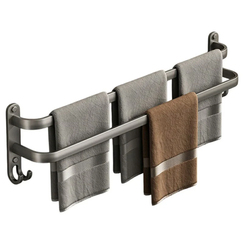 70 cm Wieszak na Ręczniki z Podwójnym Szybem z Aluminium Kosmicznego, Montowany na Ścianę Bez Wiercenia, Półka na Ręczniki do Łazienki