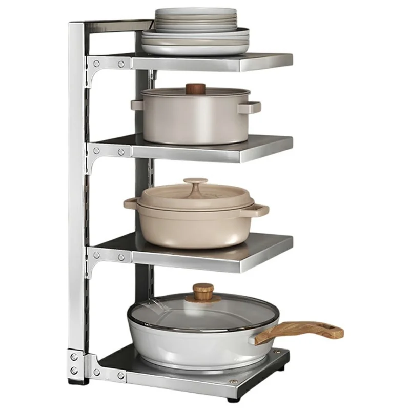 4 Tier Kitchen Pot Rack Organizer Stainless Steel Adjustable Storage Shelf Cabinet Organizer