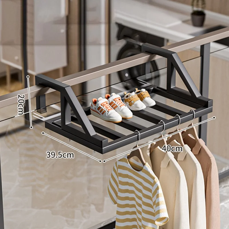 40x39.5x20cm Balcony Drying Rack Window Railing Clothes Hanger Shoe Drying Rack for Home - Black