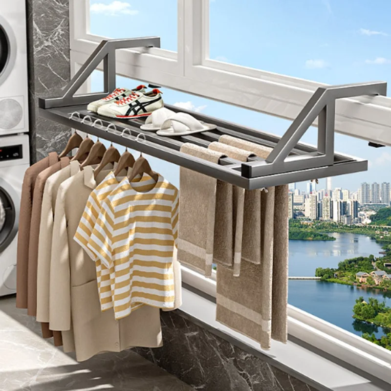 60x39.5x20cm Balcony Drying Rack Window Railing Clothes Hanger Shoe Drying Rack for Home - Black