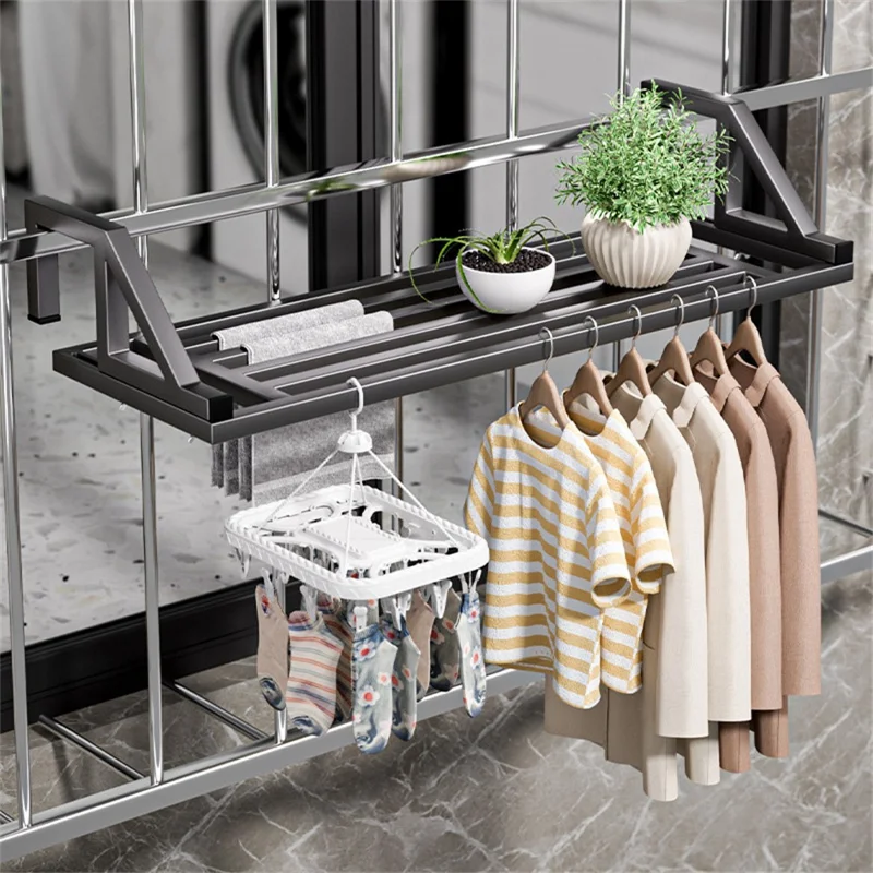 60x39.5x20cm Balcony Drying Rack Window Railing Clothes Hanger Shoe Drying Rack for Home - Black