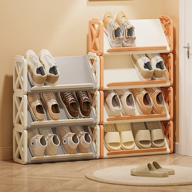 3 Layer Plastic Shoe Rack Space Saving Entryway Organizer Large Capacity Indoor Hallway Storage Shelf - Cream