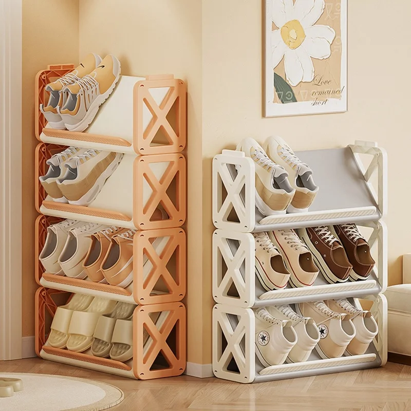 3 Layer Plastic Shoe Rack Space Saving Entryway Organizer Large Capacity Indoor Hallway Storage Shelf - Cream