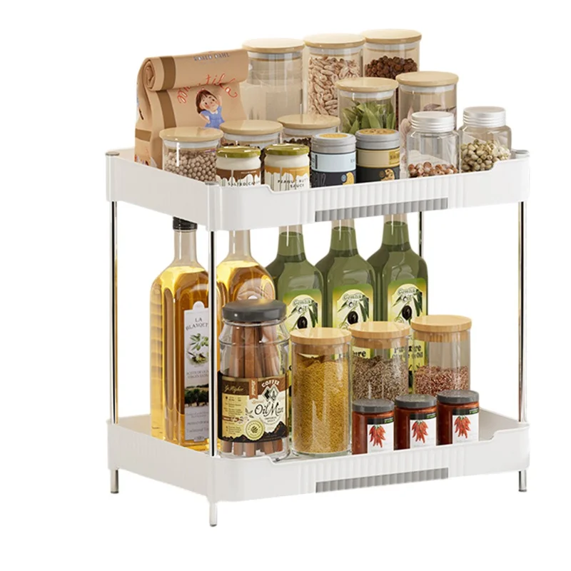 Kitchen Counter Organizer Rack Spice Bottle Storage Shelf, Wide Version - White