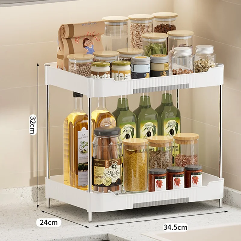 Kitchen Counter Organizer Rack Spice Bottle Storage Shelf, Wide Version - White