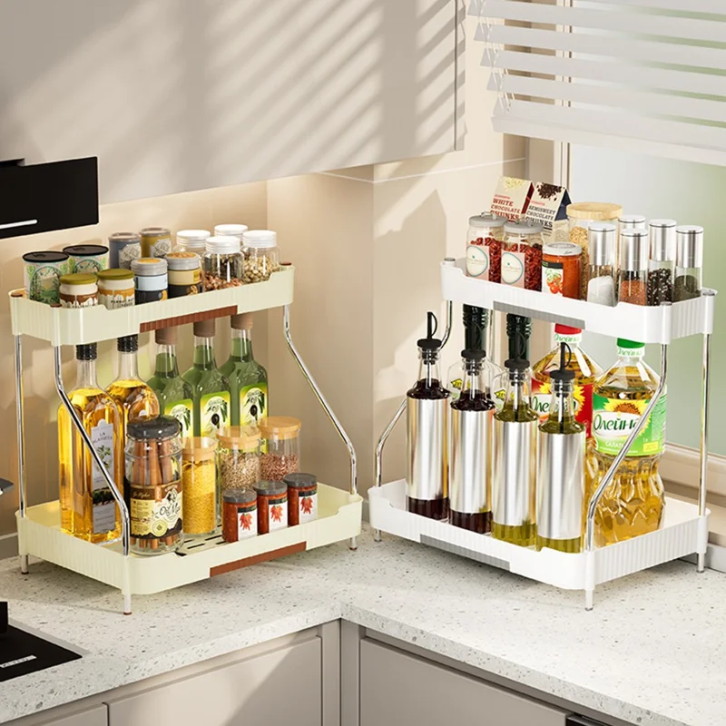 2-Layer Kitchen Countertop Organizer Rack Spice Bottle Storage Shelf for Home - White