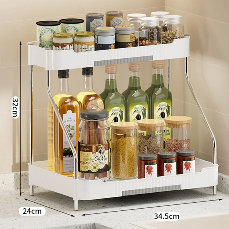 2-Layer Kitchen Countertop Organizer Rack Spice Bottle Storage Shelf for Home - White