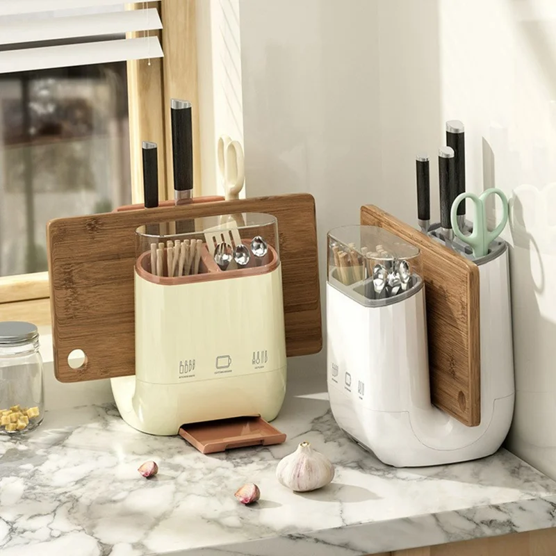 Organizador de Bloco de Faca de Cozinha, Suporte para Tábua de Corte, Rack de Armazenamento de Utensílios Removível e Drenável - Branco Creme