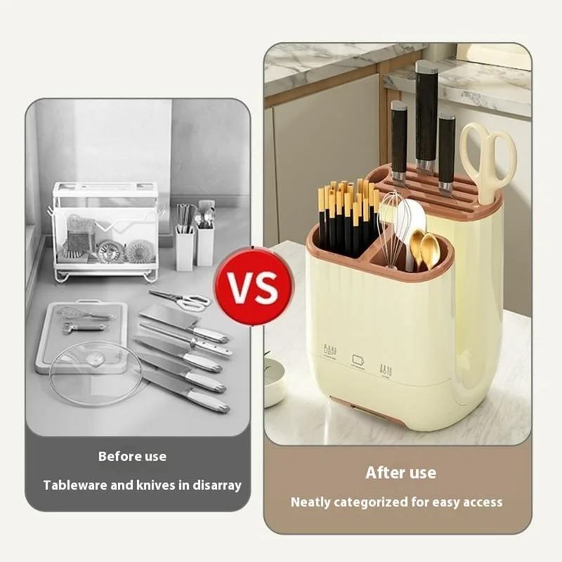 Organizador de Bloco de Faca de Cozinha, Suporte para Tábua de Corte, Rack de Armazenamento de Utensílios Removível e Drenável - Branco Creme
