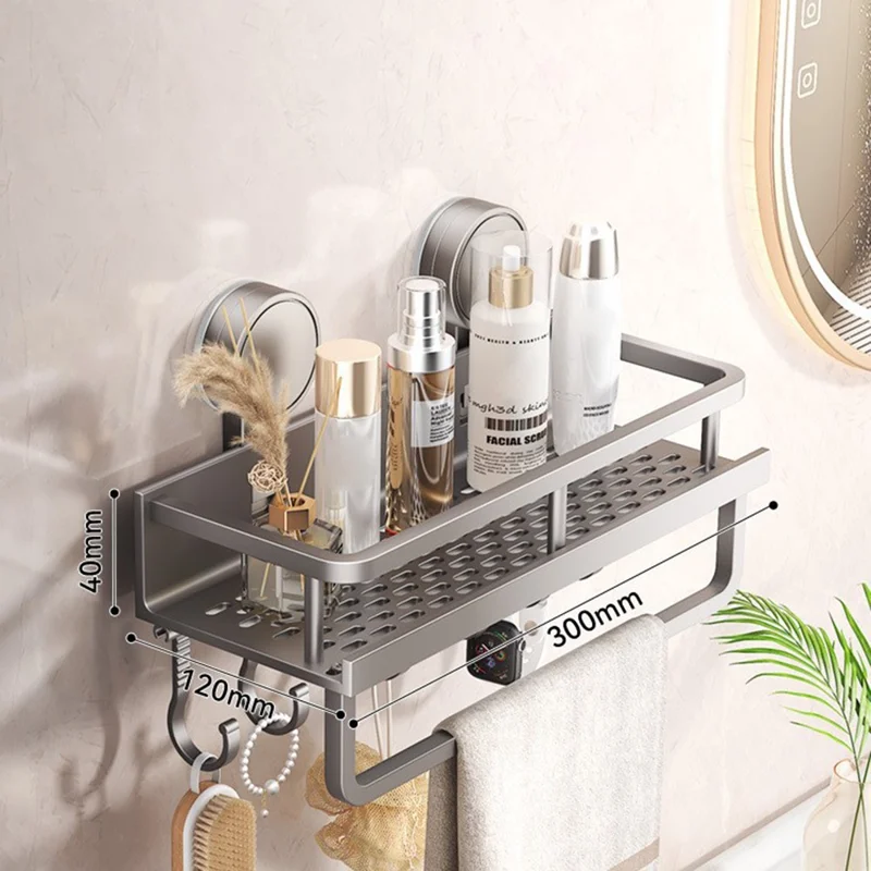 Suction Cup Bathroom Shelf 30cm Wall Mounted Storage Rack with Rod / Hooks for Toiletries