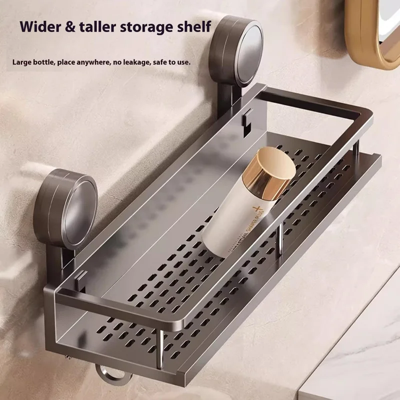 Suction Cup Bathroom Shelf 30cm Wall Mounted Storage Rack with Rod / Hooks for Toiletries